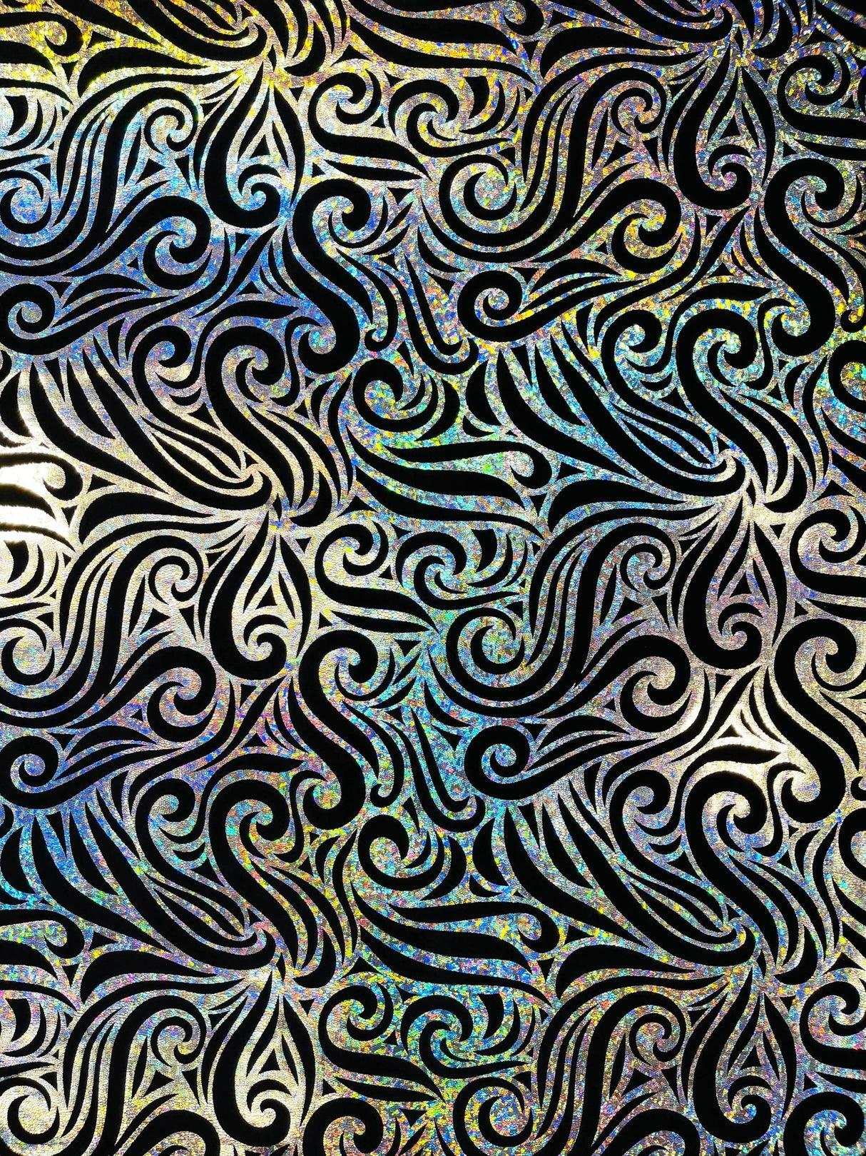 Holographic Foil Tribal Flame Design Stretch Velvet Fabric - Silver/White Tribal Flame Print, 58" Width (1 Yard)