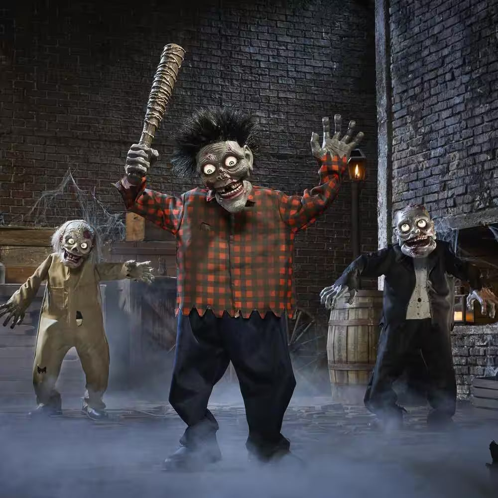 Animated LED Zombie Stack Trio Halloween Decoration with Light Up Eyes 7.5 Feet