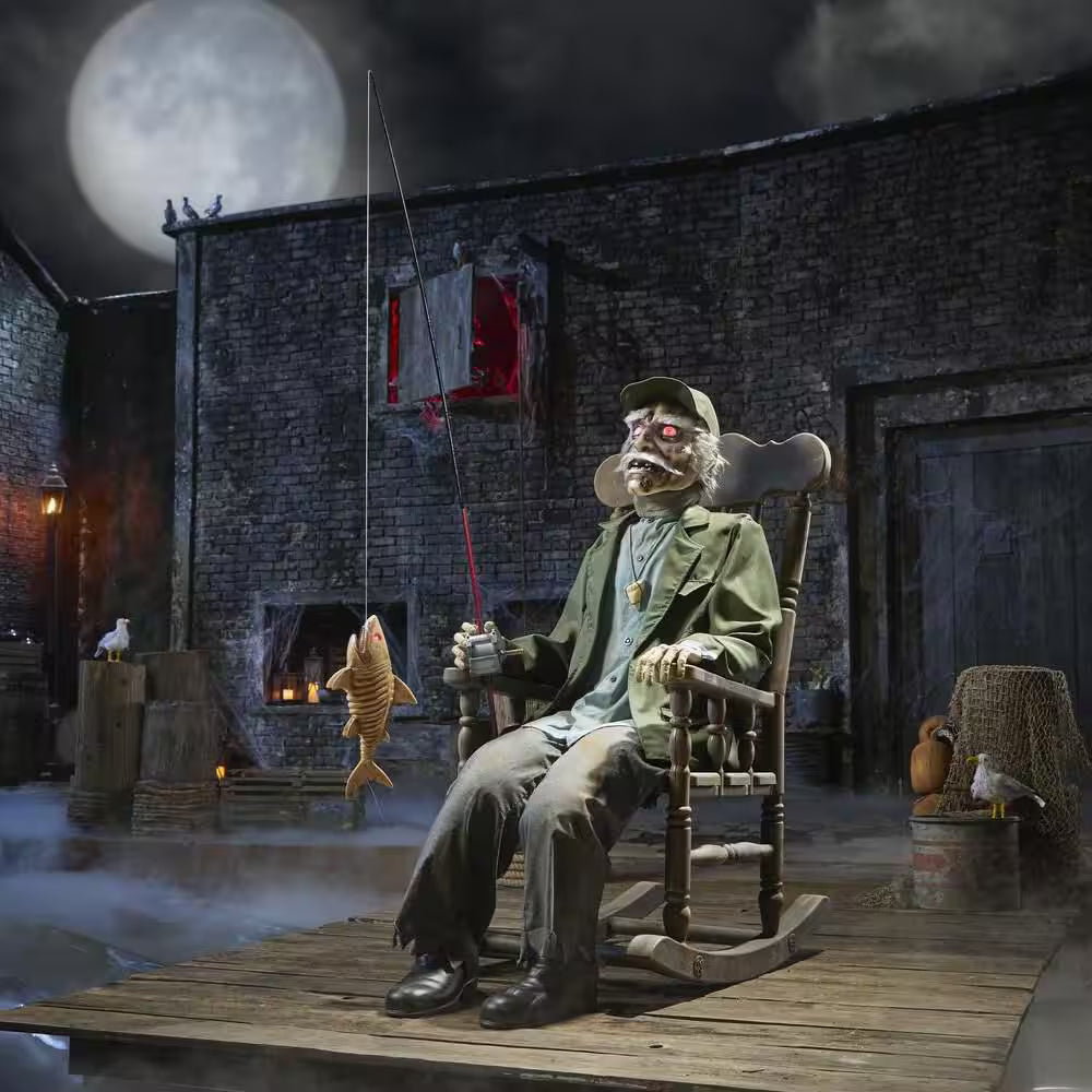 Dead Water Animated LED Fisherman in Rocking Chair Halloween Decoration 65 Feet