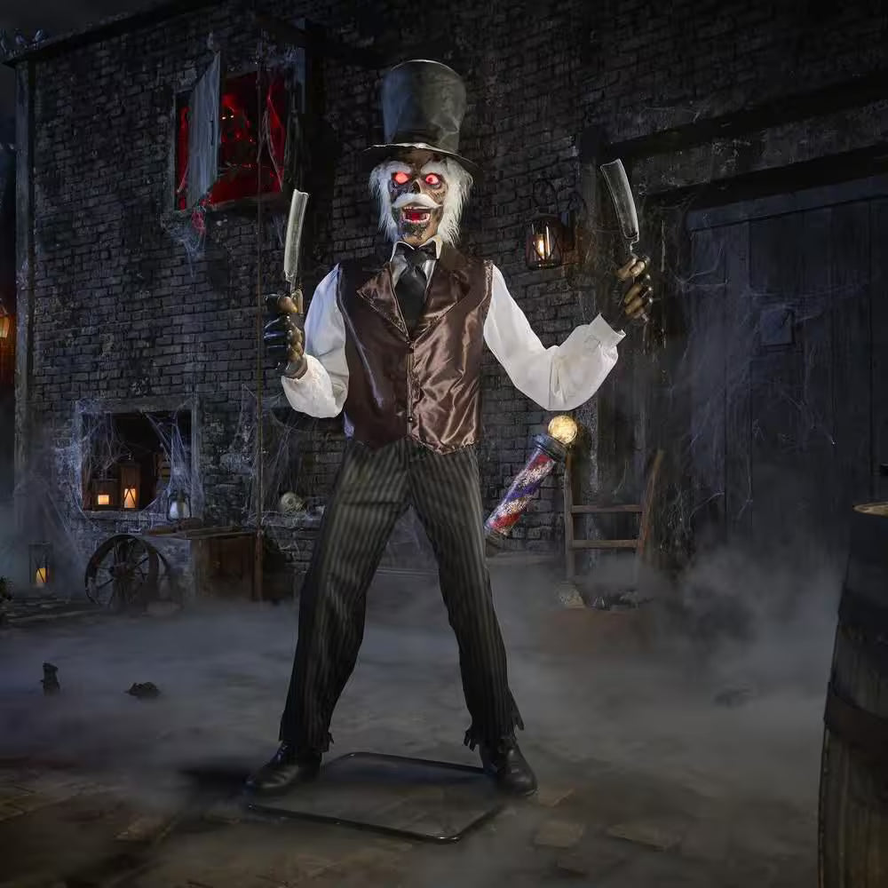 7-ft Grave and Bones Animated LED Zombie Barber Halloween Decoration