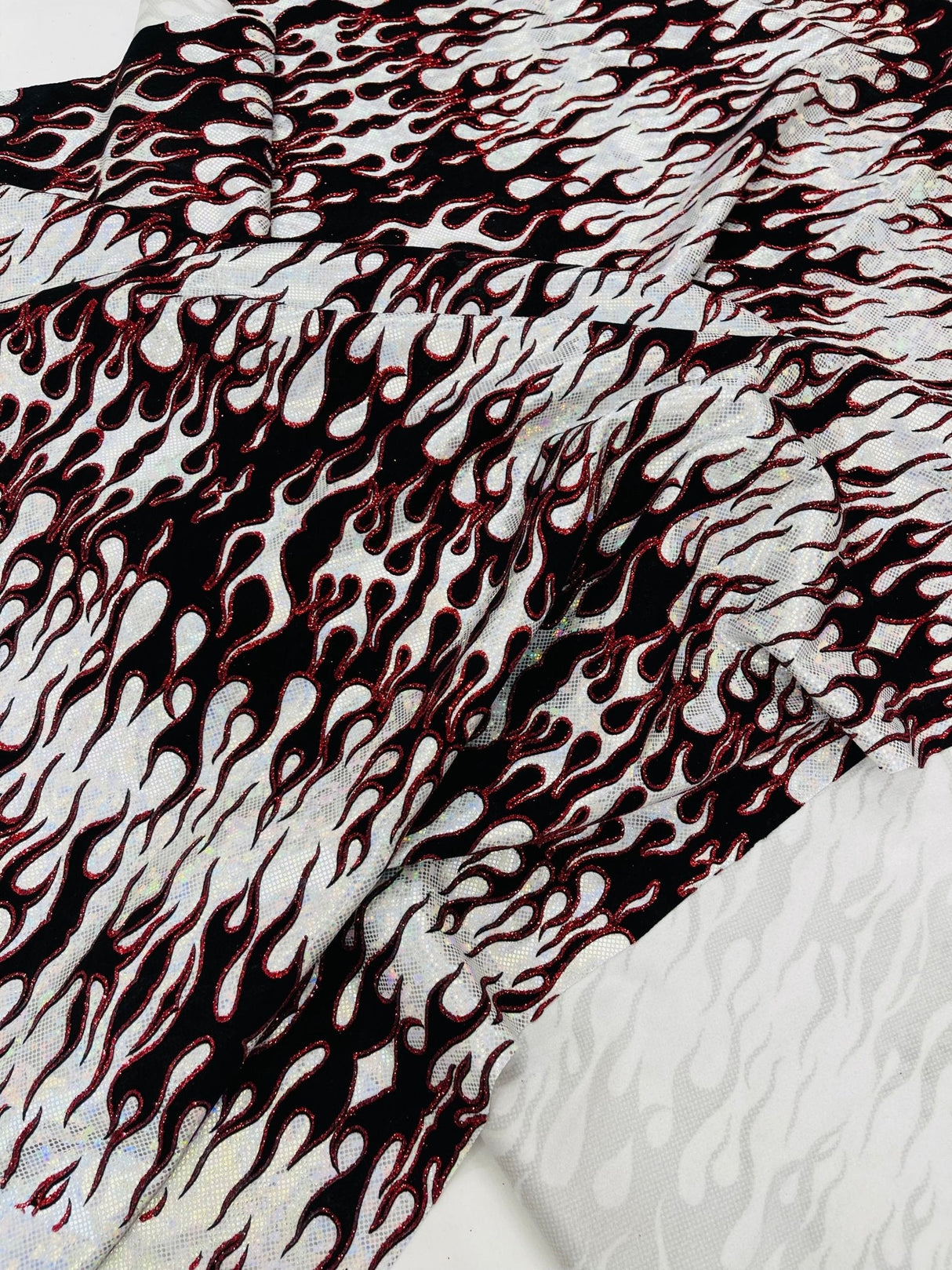Hot Rod Flame Nylon Spandex Fabric - Holographic Flame Print, 58" Width (1 Yard)
