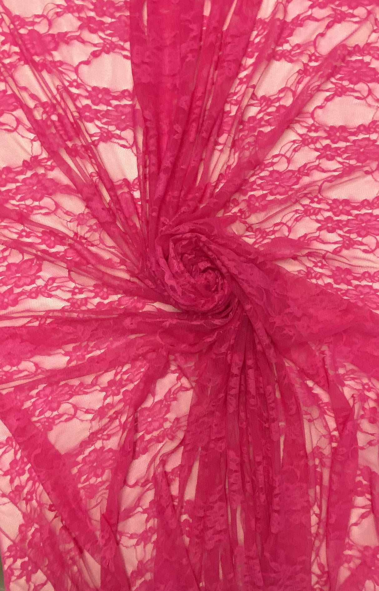 Hot Pink Nylon Spandex Stretch Lace Fabric - Shimmery Floral Sheer, Hot Pink, 58/60" Width (1 Yard)