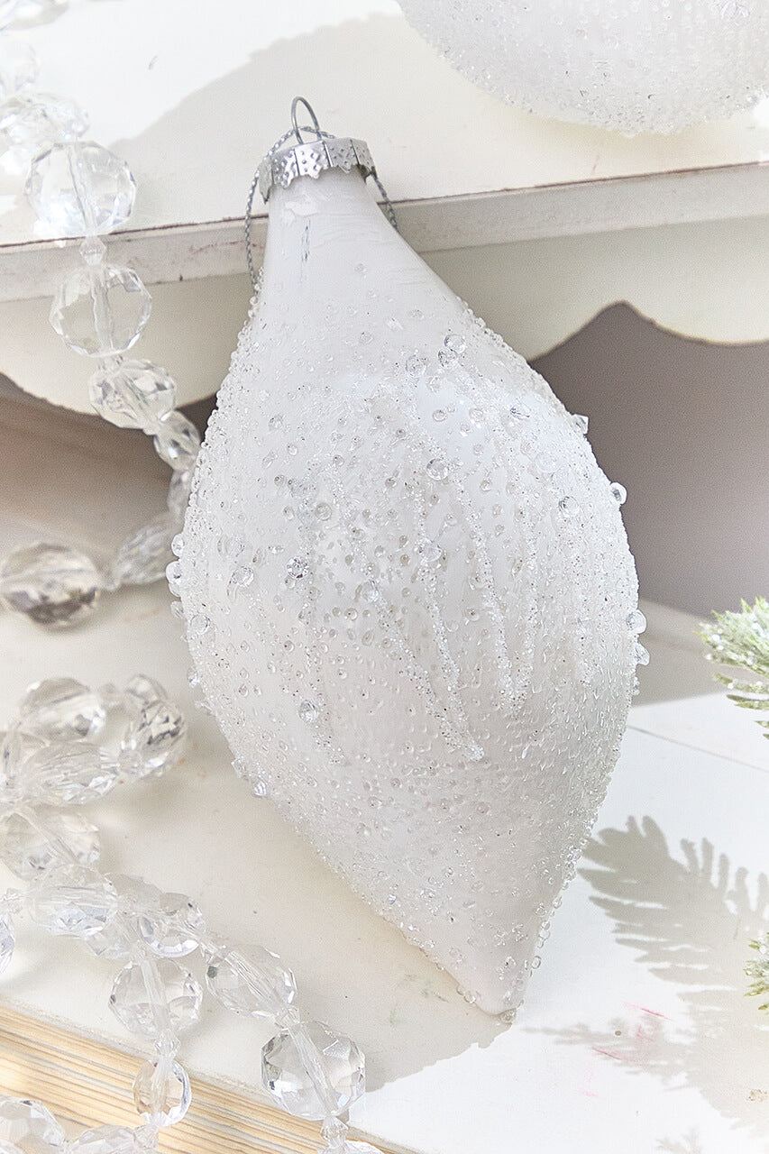 4" - 5.5" Icy Beaded White Glass Ornament