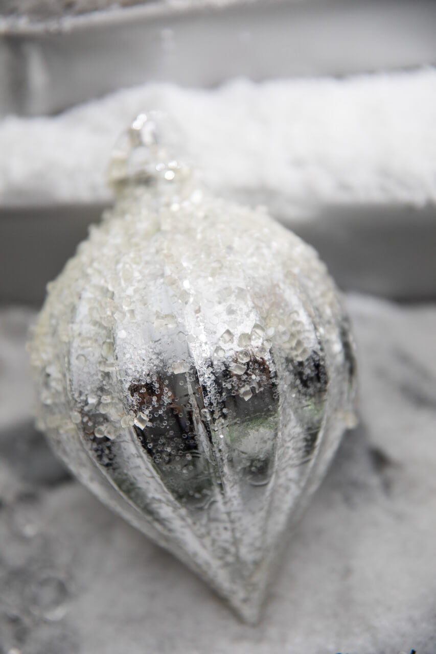 7 Inch Metallic Ridged Iced Kismet Finial Ornament - Silver