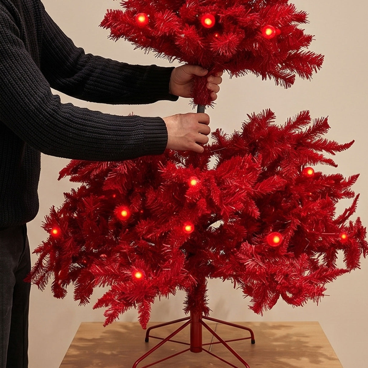 Pre-Lit Ruby Red Christmas Tree with Dual LED Lights, Full Artificial Holiday Tree with Metal Stand
