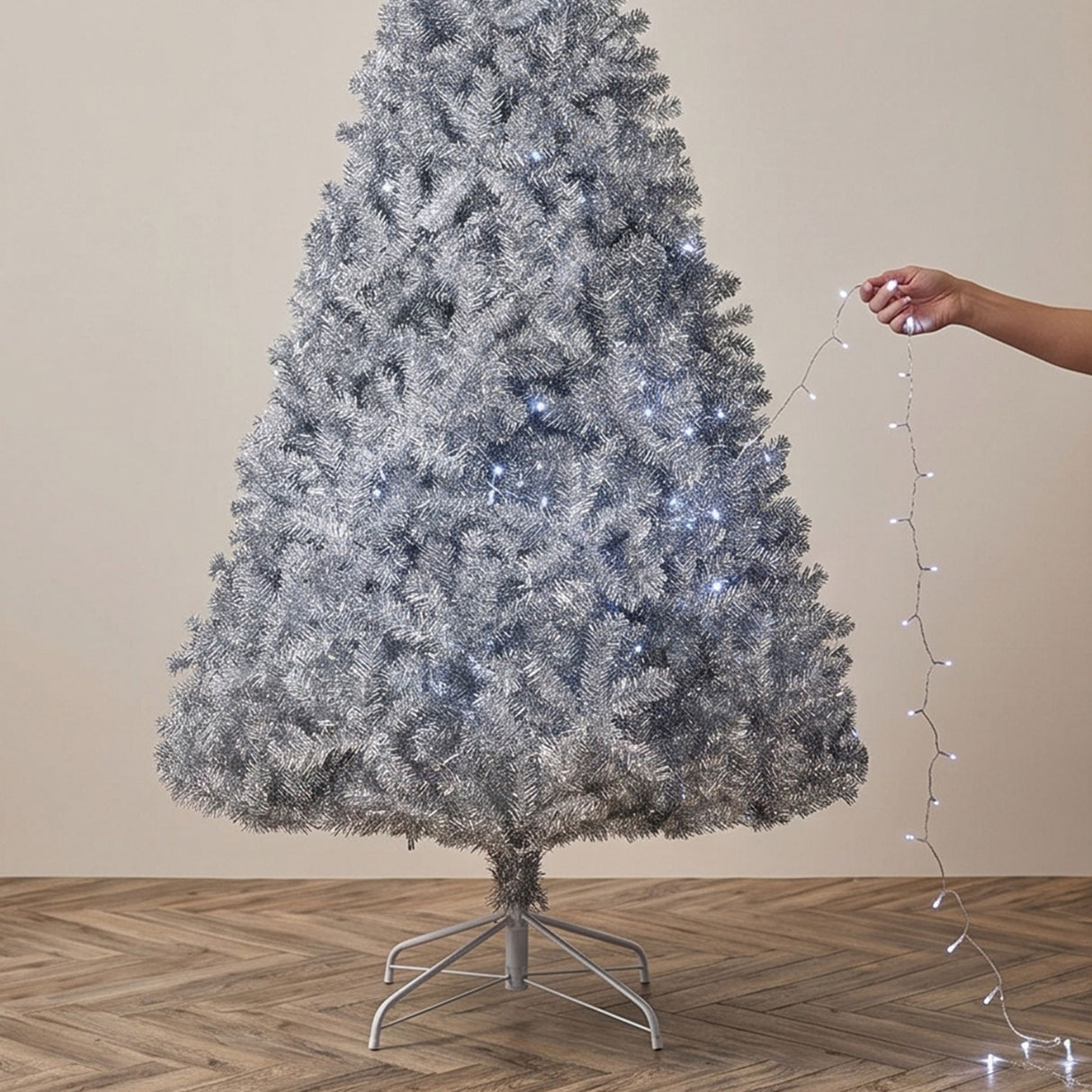 Metallic Silver Tinsel Christmas Tree with Metal Stand
