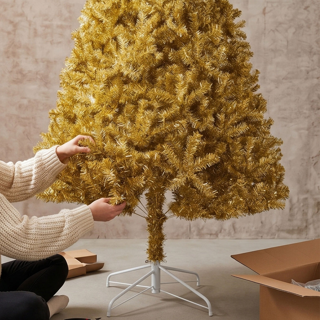 Metallic Gold Tinsel Christmas Tree with White Metal Stand
