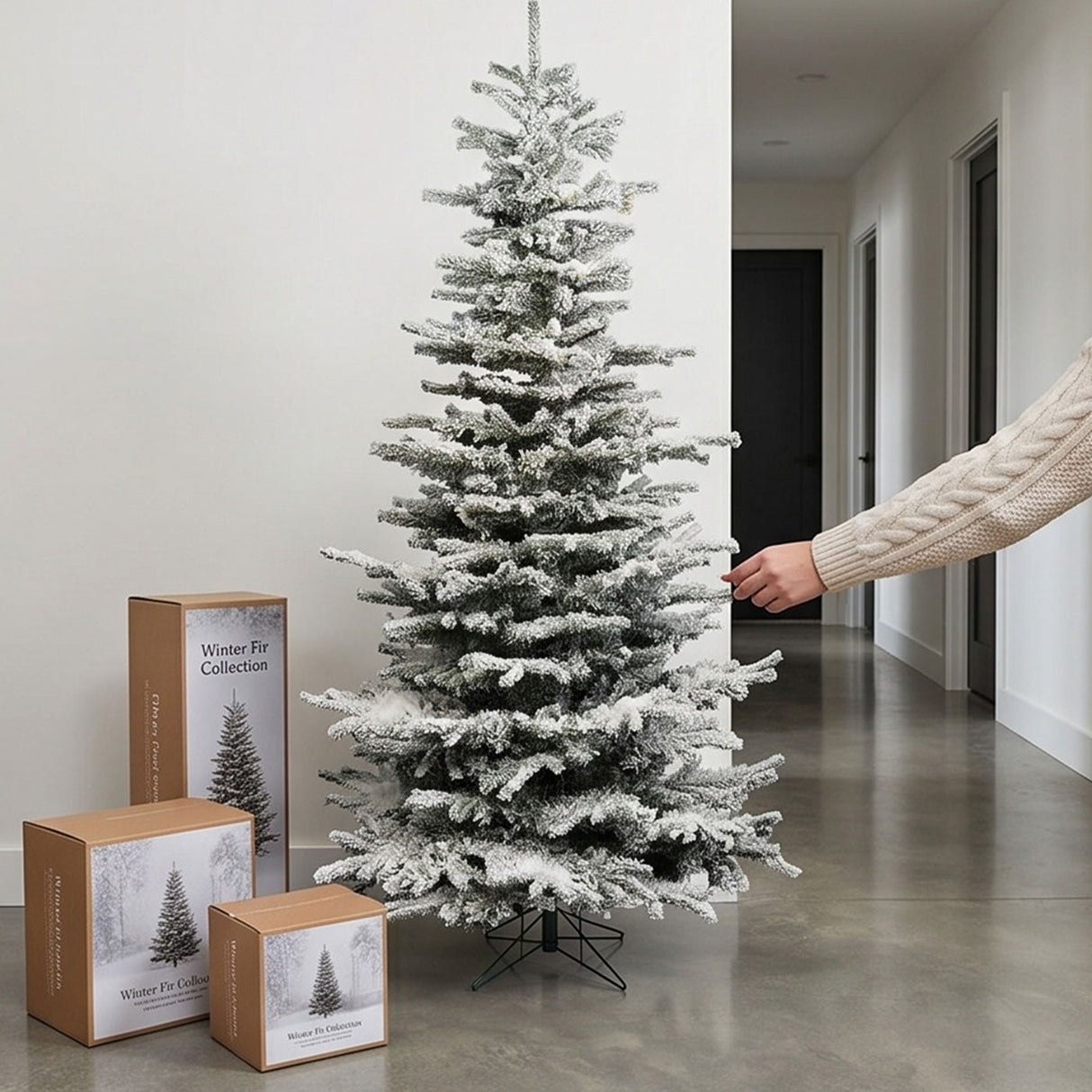 Pre-Lit Slim Snow Flocked Grand Fir Artificial Christmas Tree with Warm White LED Lights and Metal Stand