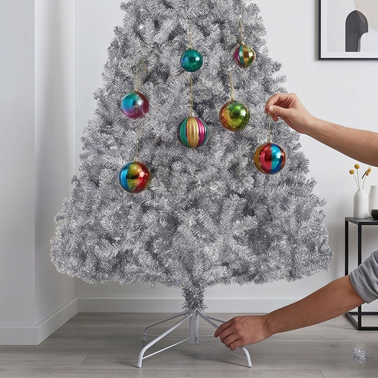 Metallic Silver Tinsel Christmas Tree with Metal Stand