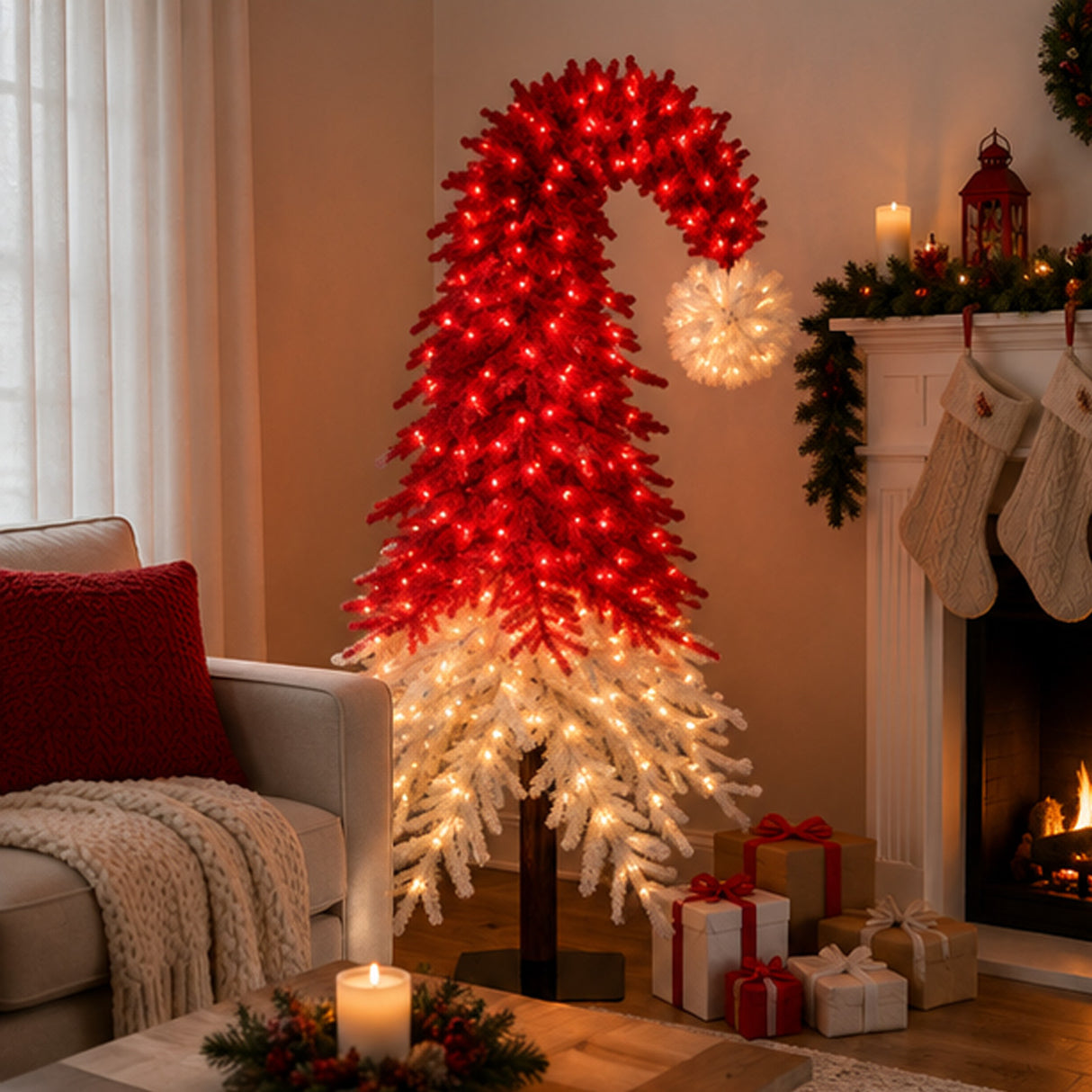 Pre-lit Santa Hat Christmas Tree with Red and Warm White LED Lights and Metal Base
