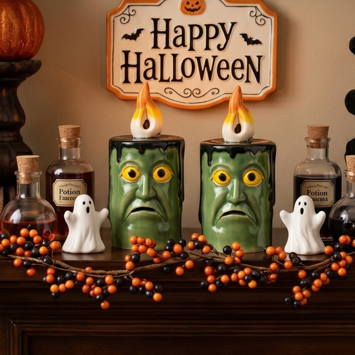 6 in. 2-Piece Halloween Frankenstein Porcelain Candle with Multicolor LED Lights