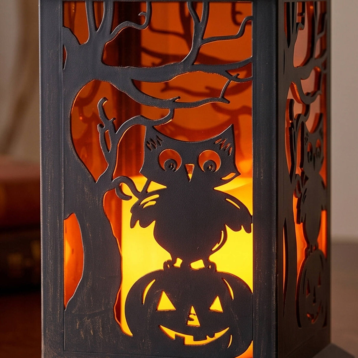 12 in. Halloween Carved Images Lantern with Owls, Pumpkins & Leafless Trees (LED Lights)
