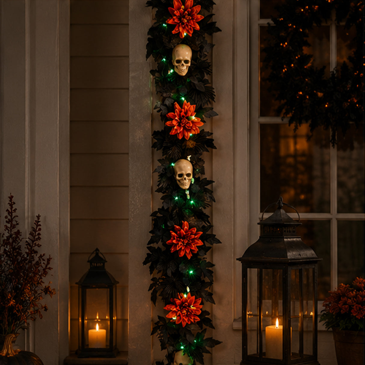 6 ft. Halloween “Boo-tiful” Garland with Orange Dahlia Flowers, White Skulls & LED Lights