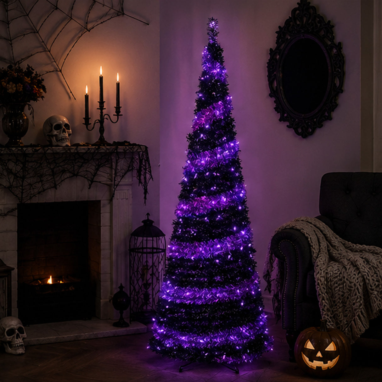 7.5 ft Pre Lit Black Halloween Tree with Orange LED Lights