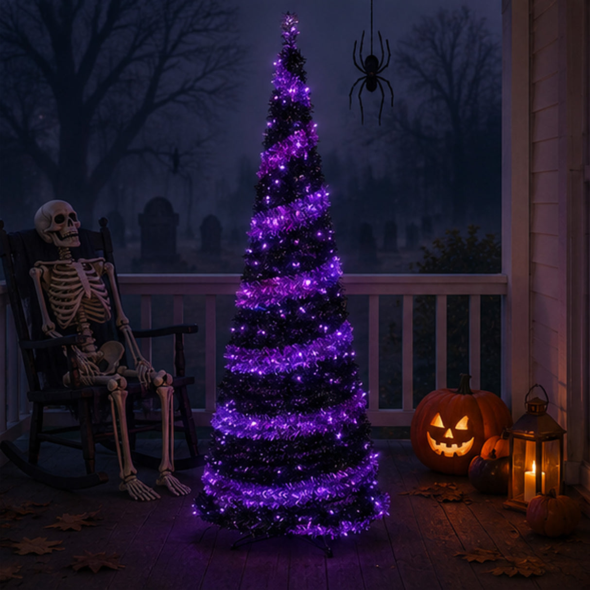 7.5 ft Pre Lit Black Halloween Tree with Orange LED Lights