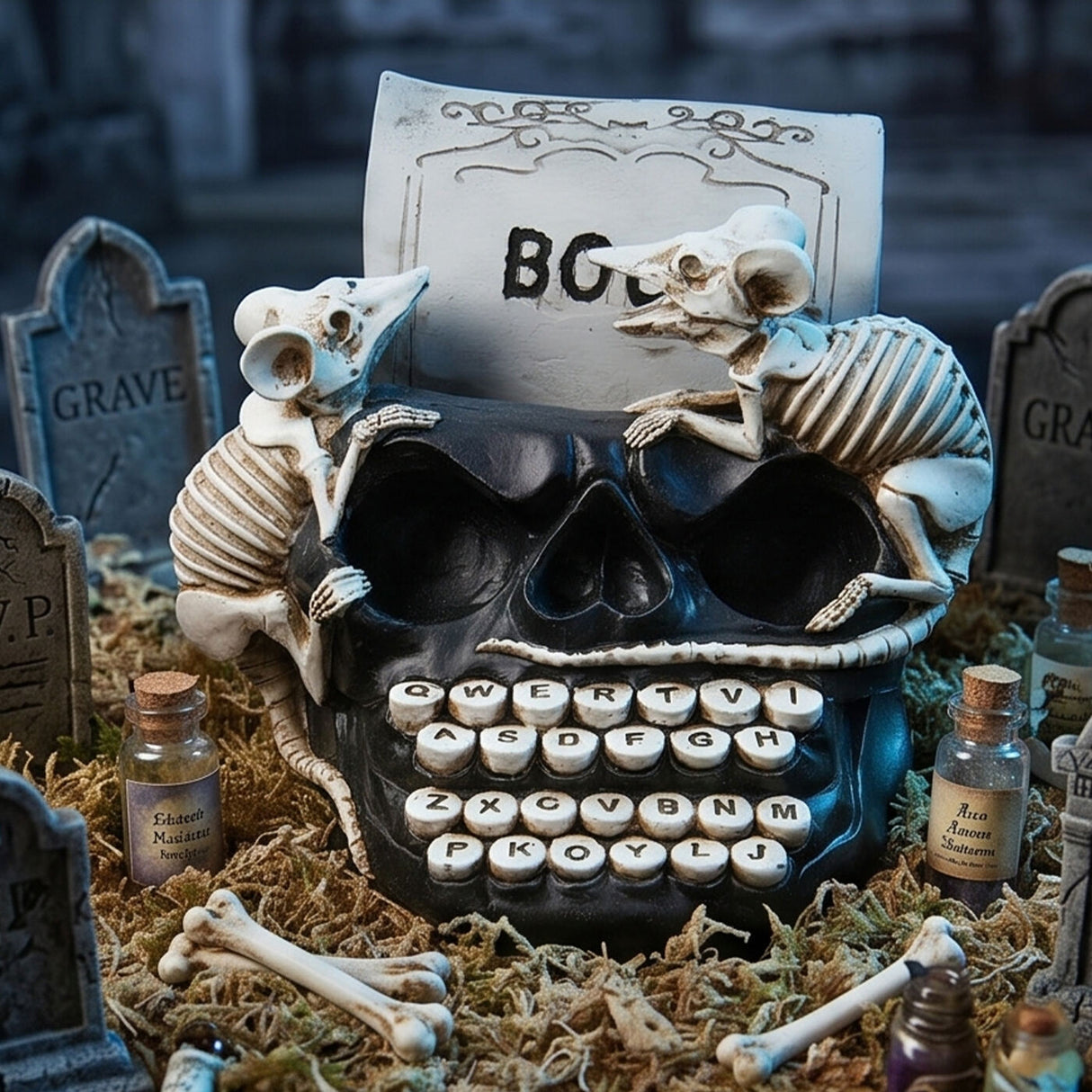 8 in Skull Typewriter with Rats Halloween Tabletop Decor