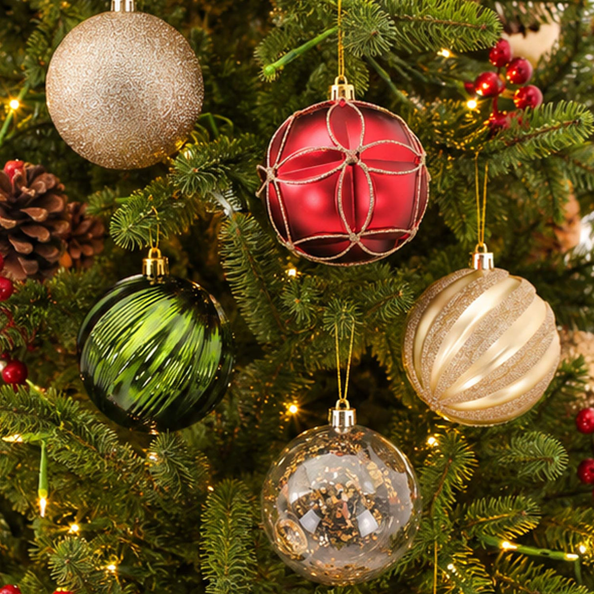13IN Red Gold Green Christmas Ball Ornament Set