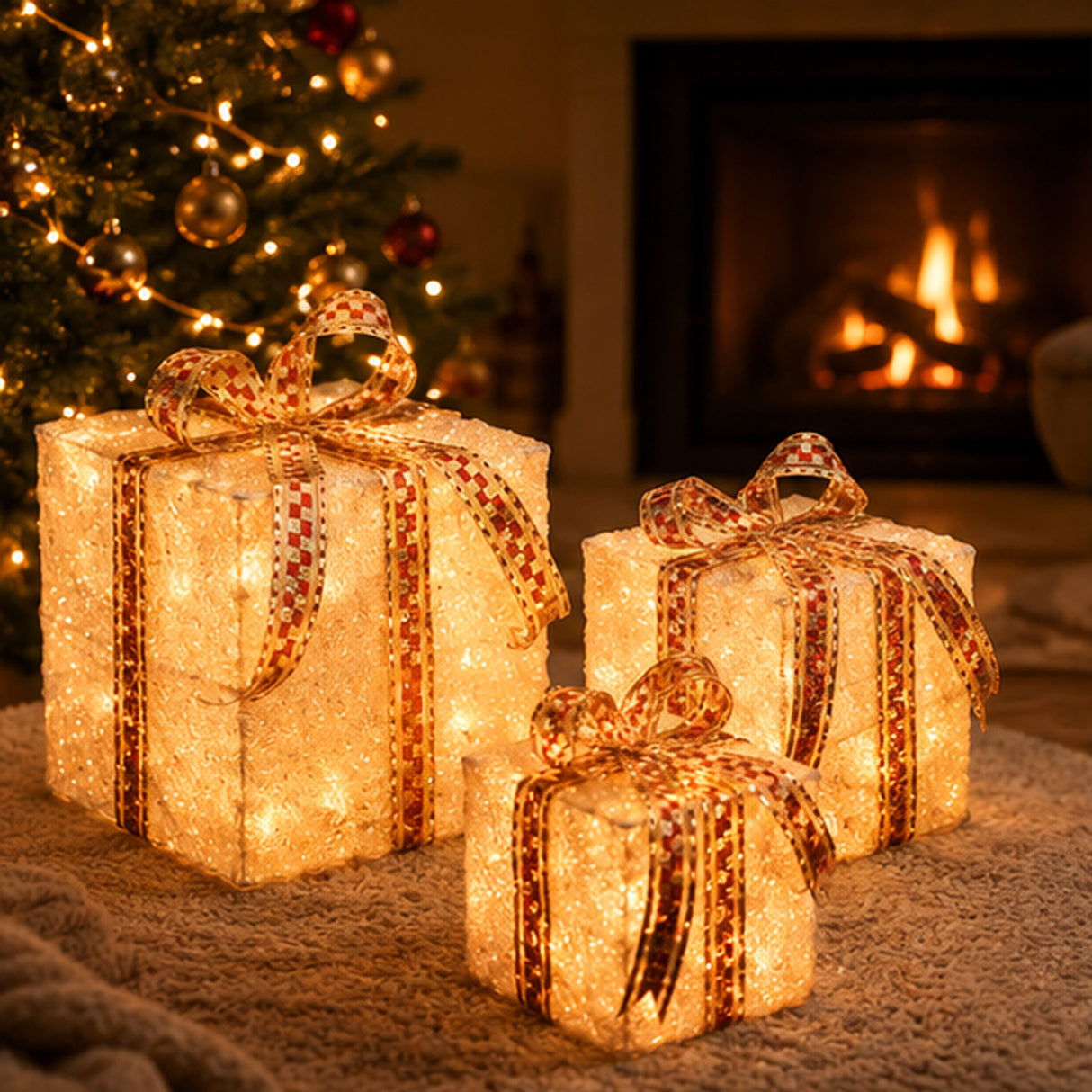 Pre-Lit White and Gold Christmas Gift Boxes Set of 3 with Clear Lights Plug-In