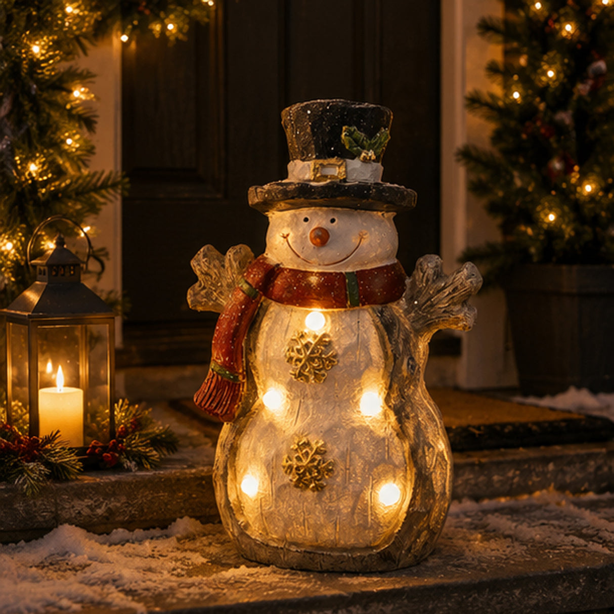 17IN Snowman Figurine with Red Scarf, Black Hat & Warm White LED Lights Indoor Decor