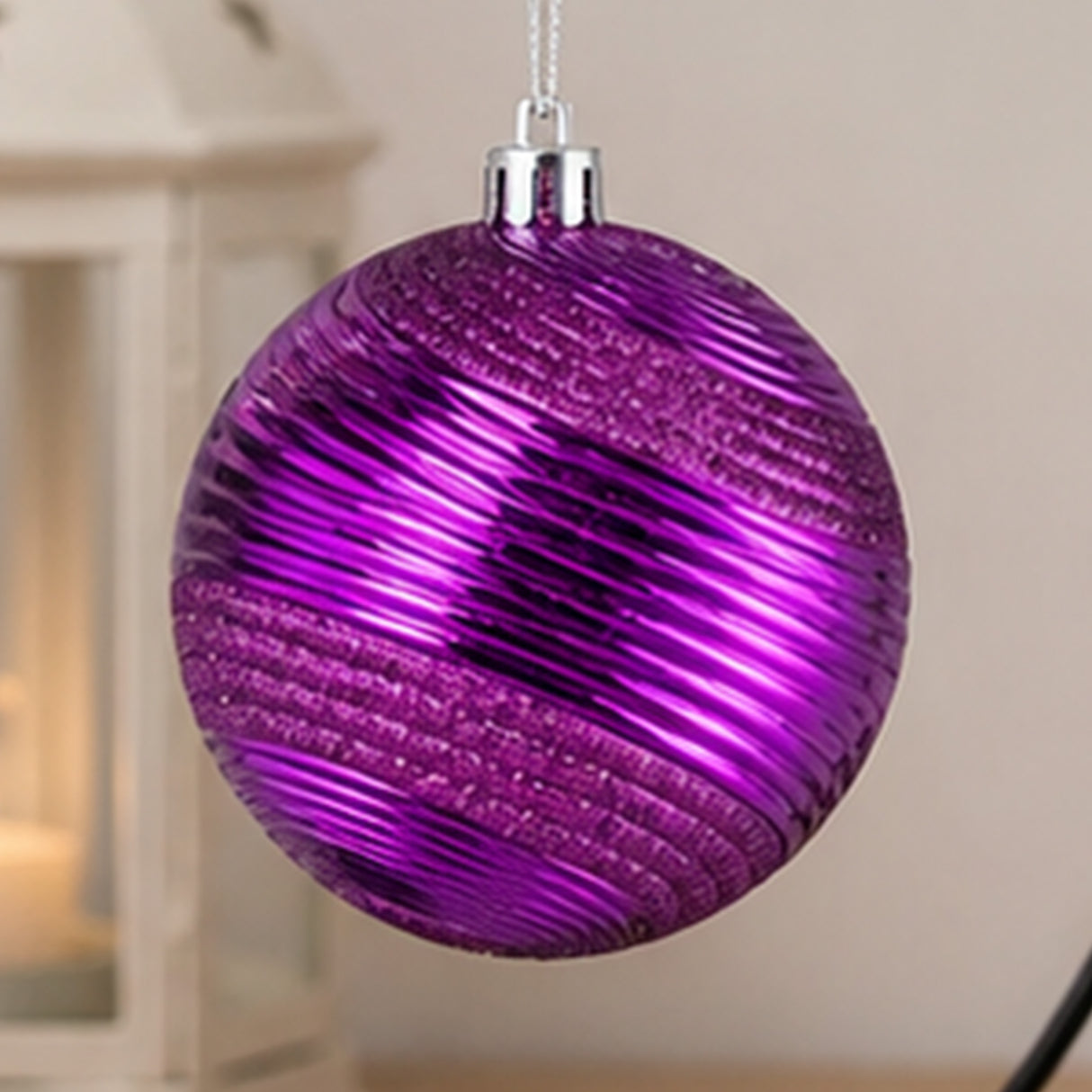 4PC Shatterproof Swirling Purple Glitter Christmas Ball Ornaments