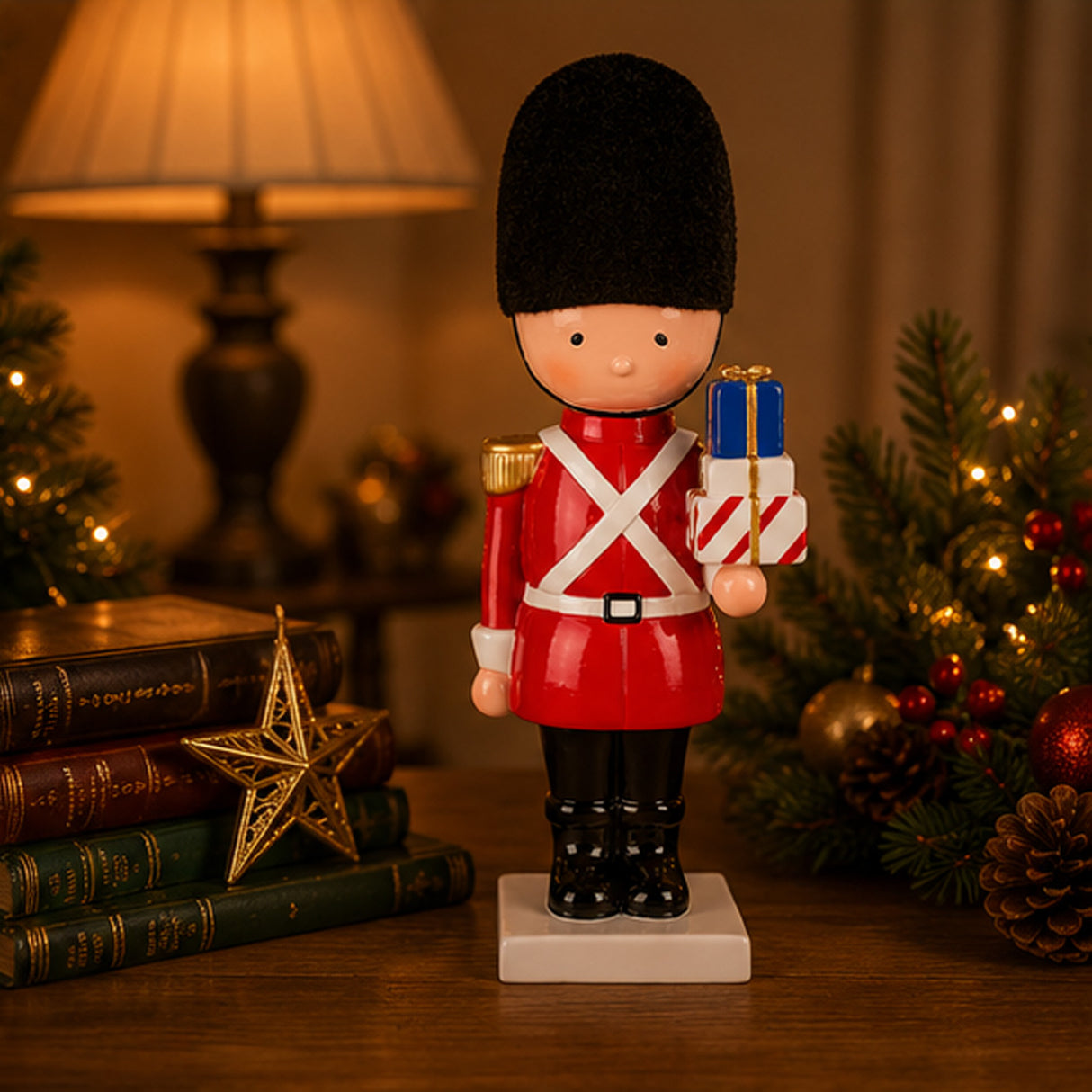 11IN Christmas Soldier Figurine with Wrapped Gifts Hand-Painted Indoor Holiday Decor