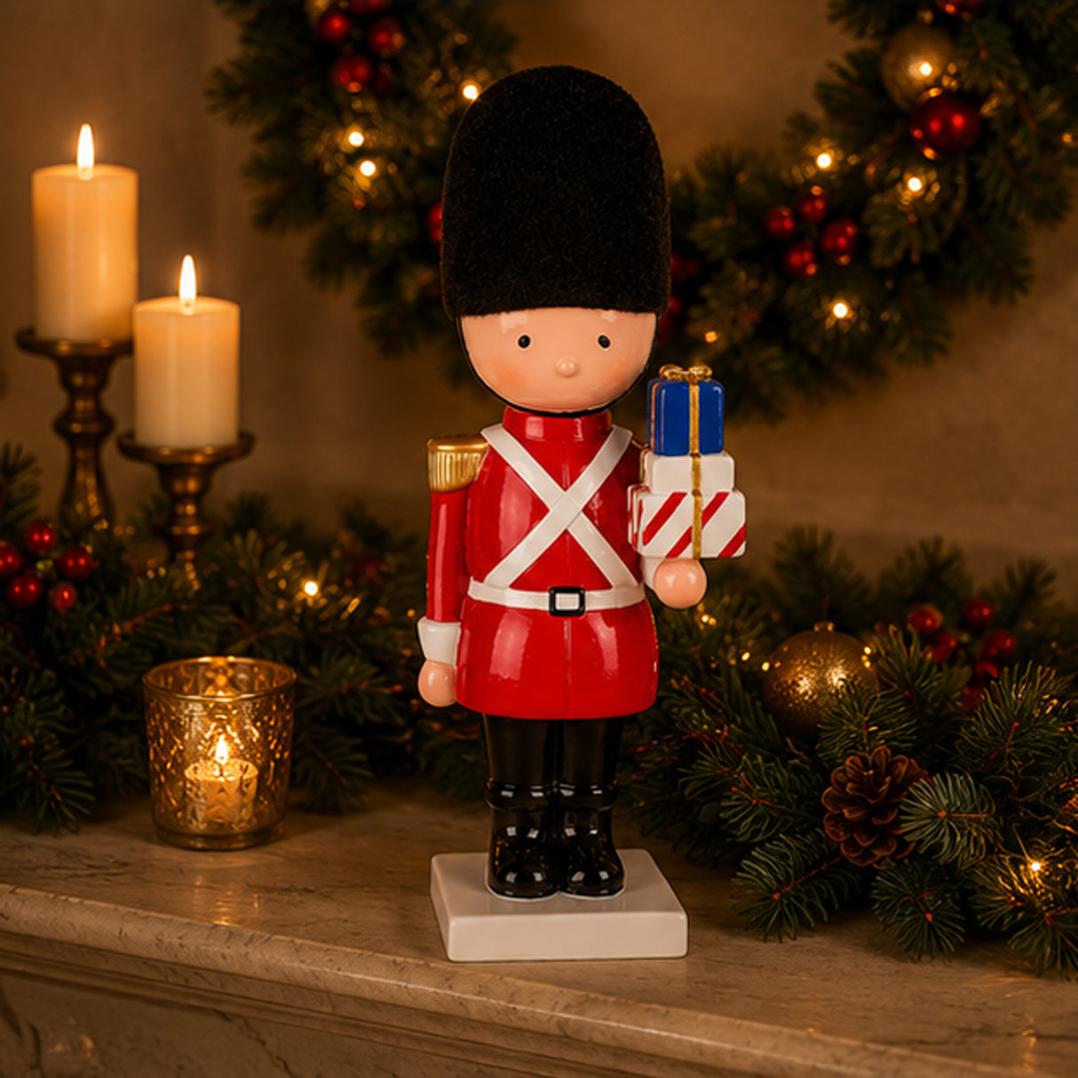 11IN Christmas Soldier Figurine with Wrapped Gifts Hand-Painted Indoor Holiday Decor