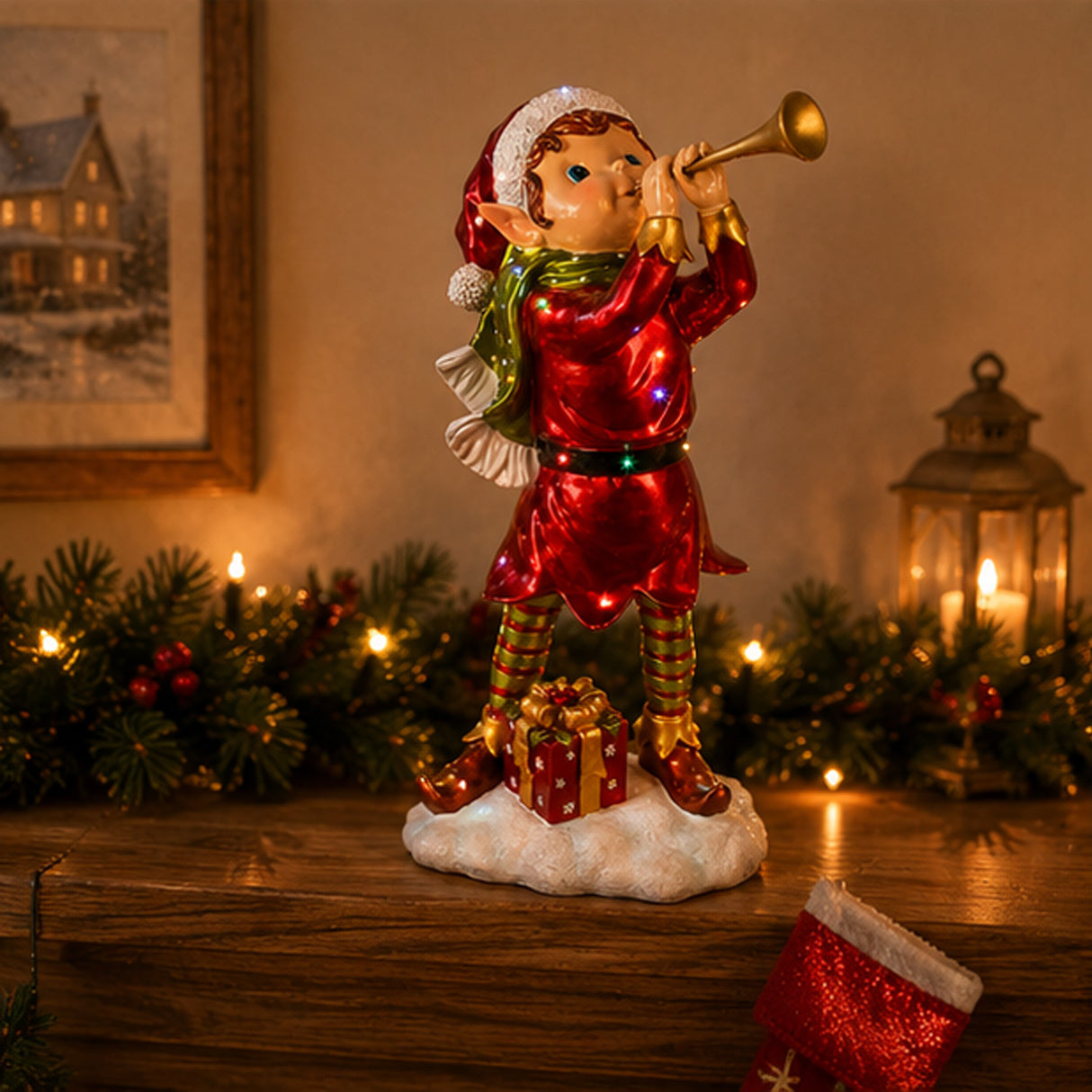 37IN Horn Blowing Pixie Elf Christmas Decoration with Multicolor LED Lights Plug-In