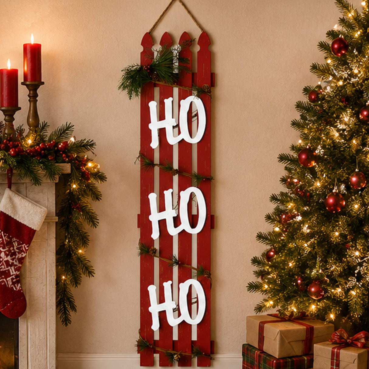 47IN Ho Ho Ho Wall Sign Red Wooden Fence Christmas Holiday Rustic Decor