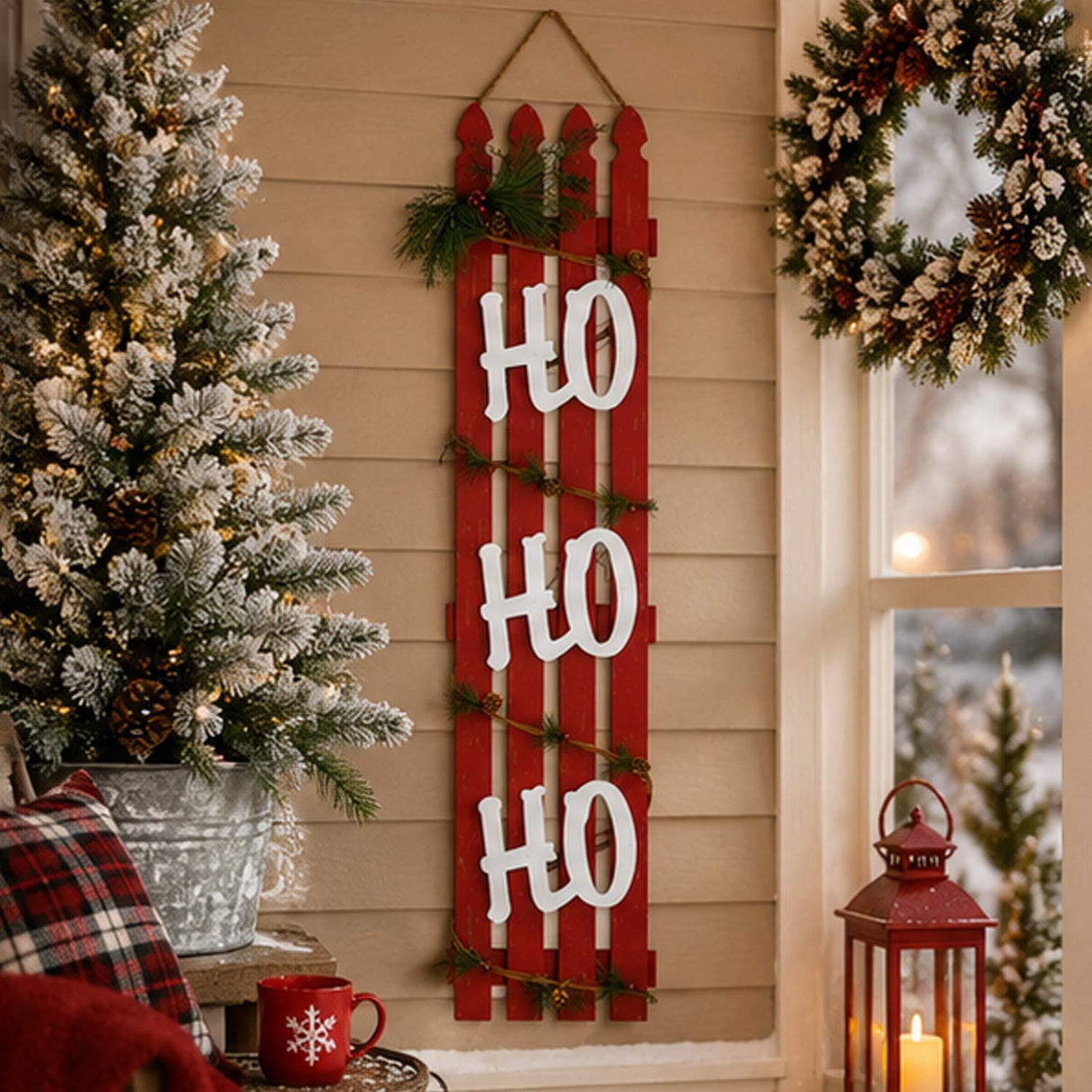 47IN Ho Ho Ho Wall Sign Red Wooden Fence Christmas Holiday Rustic Decor