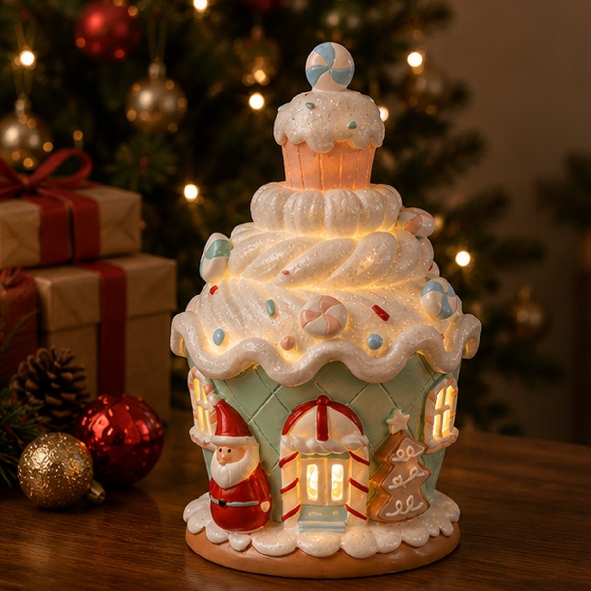 8IN Santa Cake House Figurine with Warm Yellow LED Lights Indoor Christmas Decor