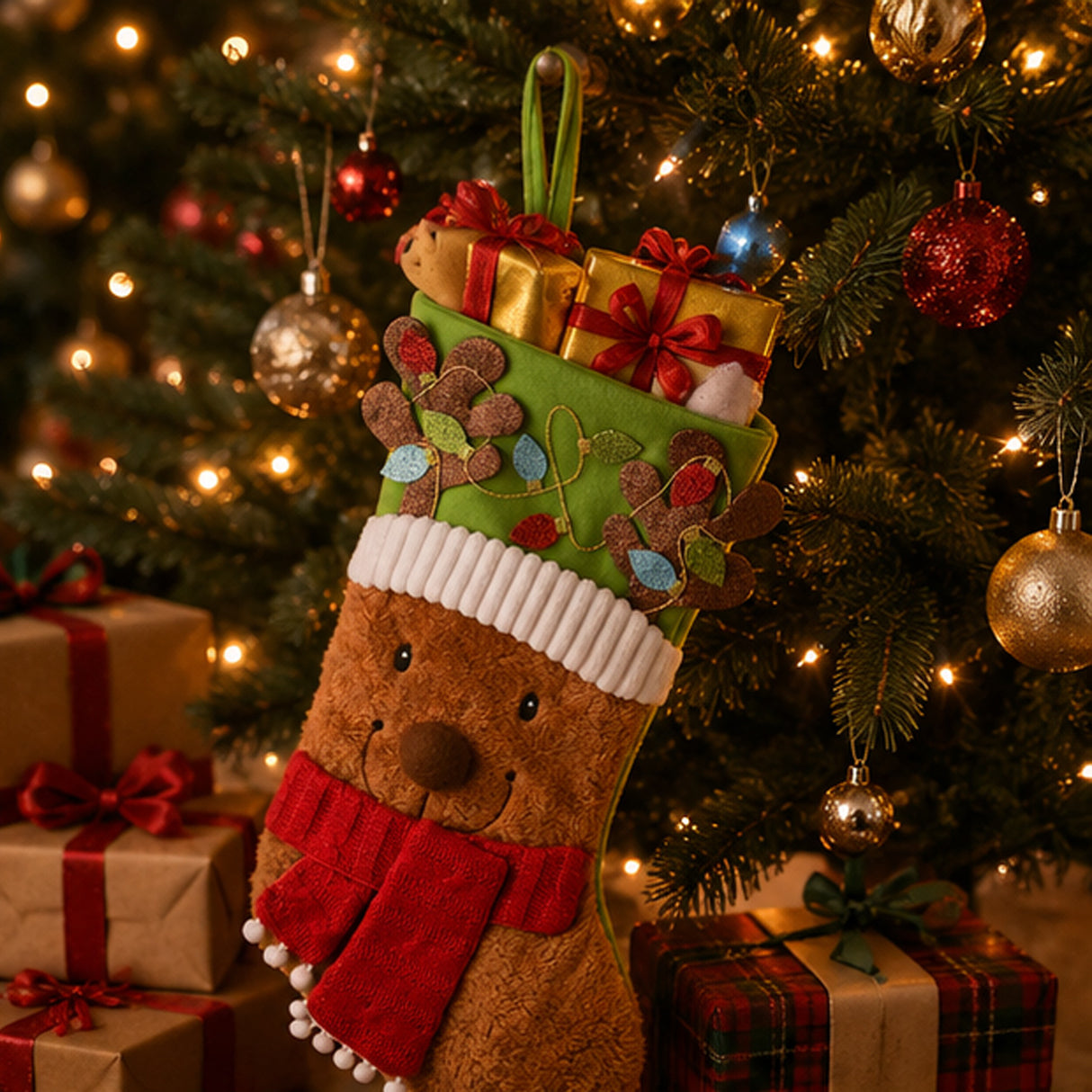 20IN Be Merry Collection Teddy Bear Christmas Stocking with Red Scarf & Green Hat