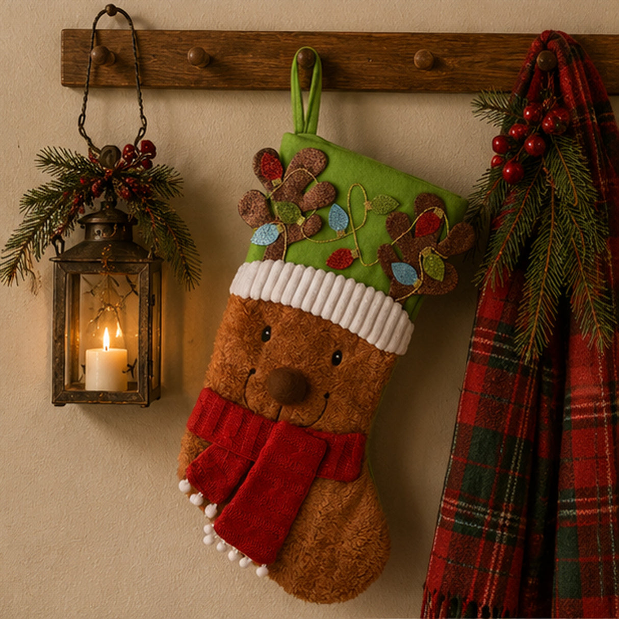 20IN Be Merry Collection Teddy Bear Christmas Stocking with Red Scarf & Green Hat