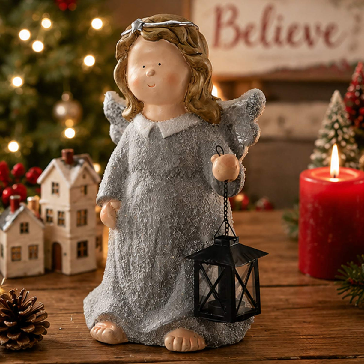 16IN Angel Figurine with Lantern Tea Light Holder Gray Robe Christmas Decor Piece