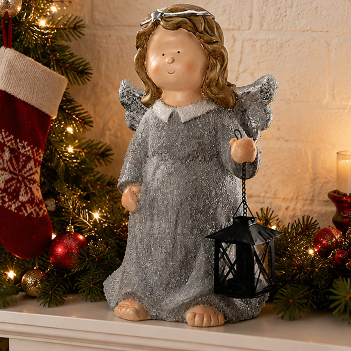 16IN Angel Figurine with Lantern Tea Light Holder Gray Robe Christmas Decor Piece