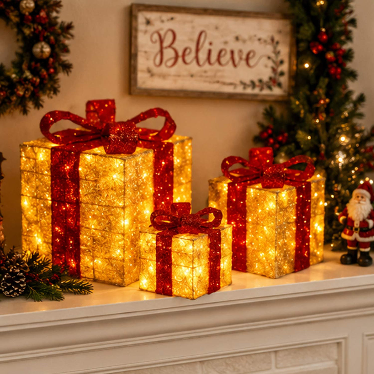 Pre-Lit Gold Gift Boxes Set of 3 with Red Bows 105 White Lights Christmas Decor Plug-In