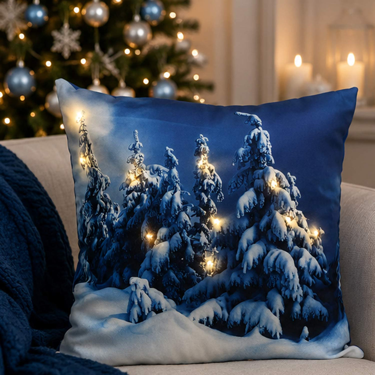 17IN Winter Scene Decorative Pillow with Warm White LED Lights Christmas Cushion