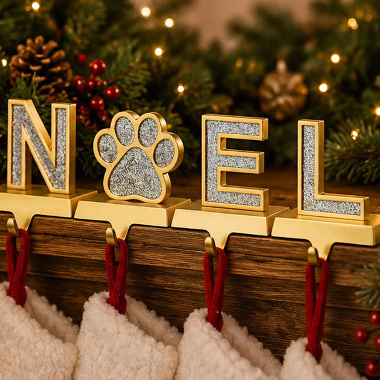 5IN 4-Piece Silver Sparkle NOEL Paw Print Stocking Holders