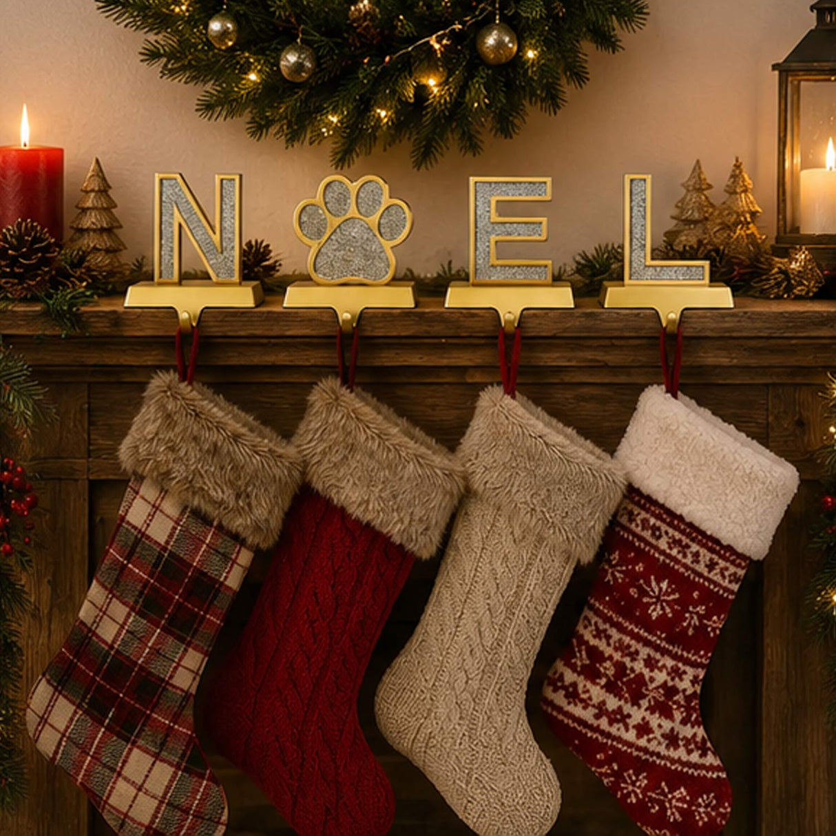 5IN 4-Piece Silver Sparkle NOEL Paw Print Stocking Holders