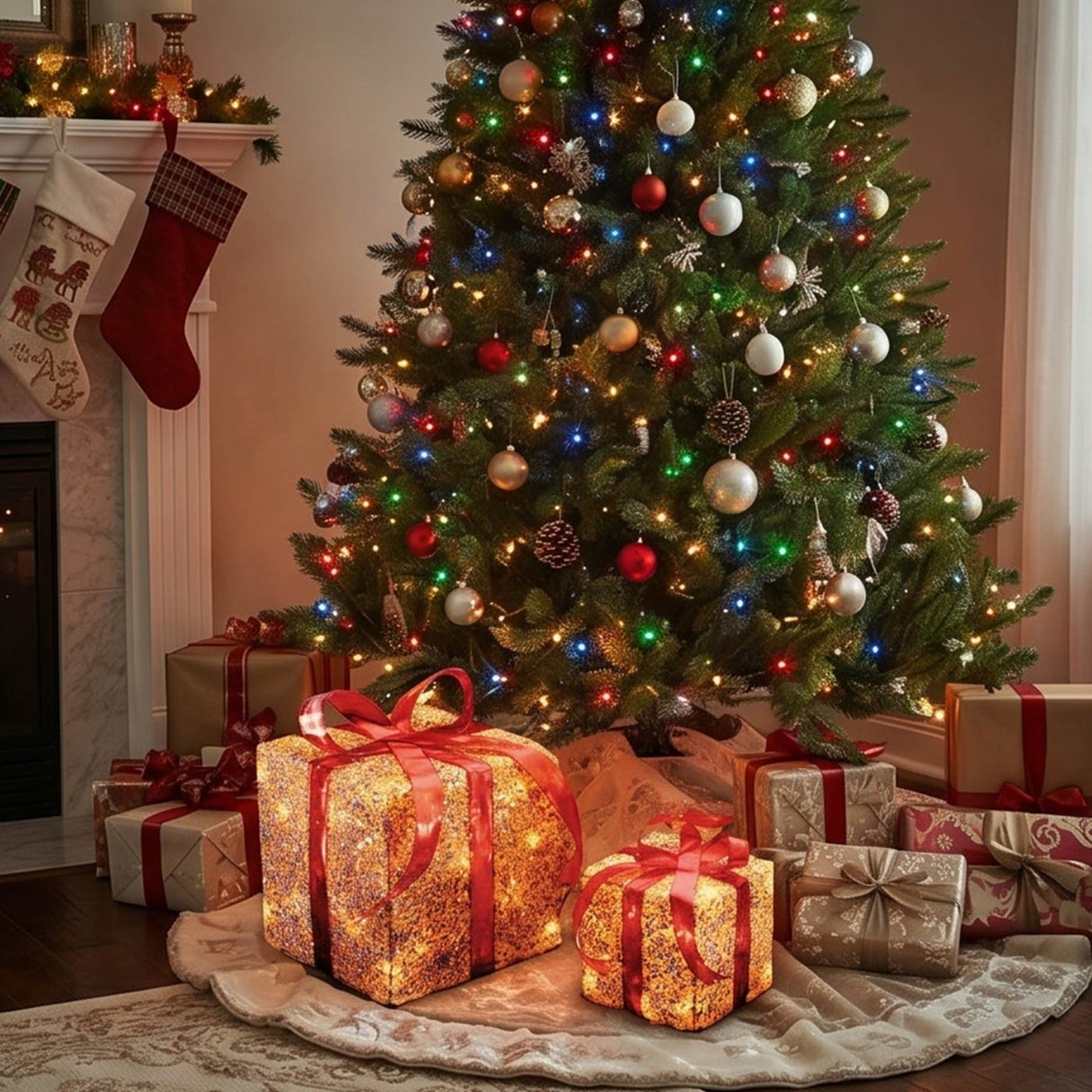 Pre Lit Gold Gift Box Set of 3 with Red Bow LED Decoration