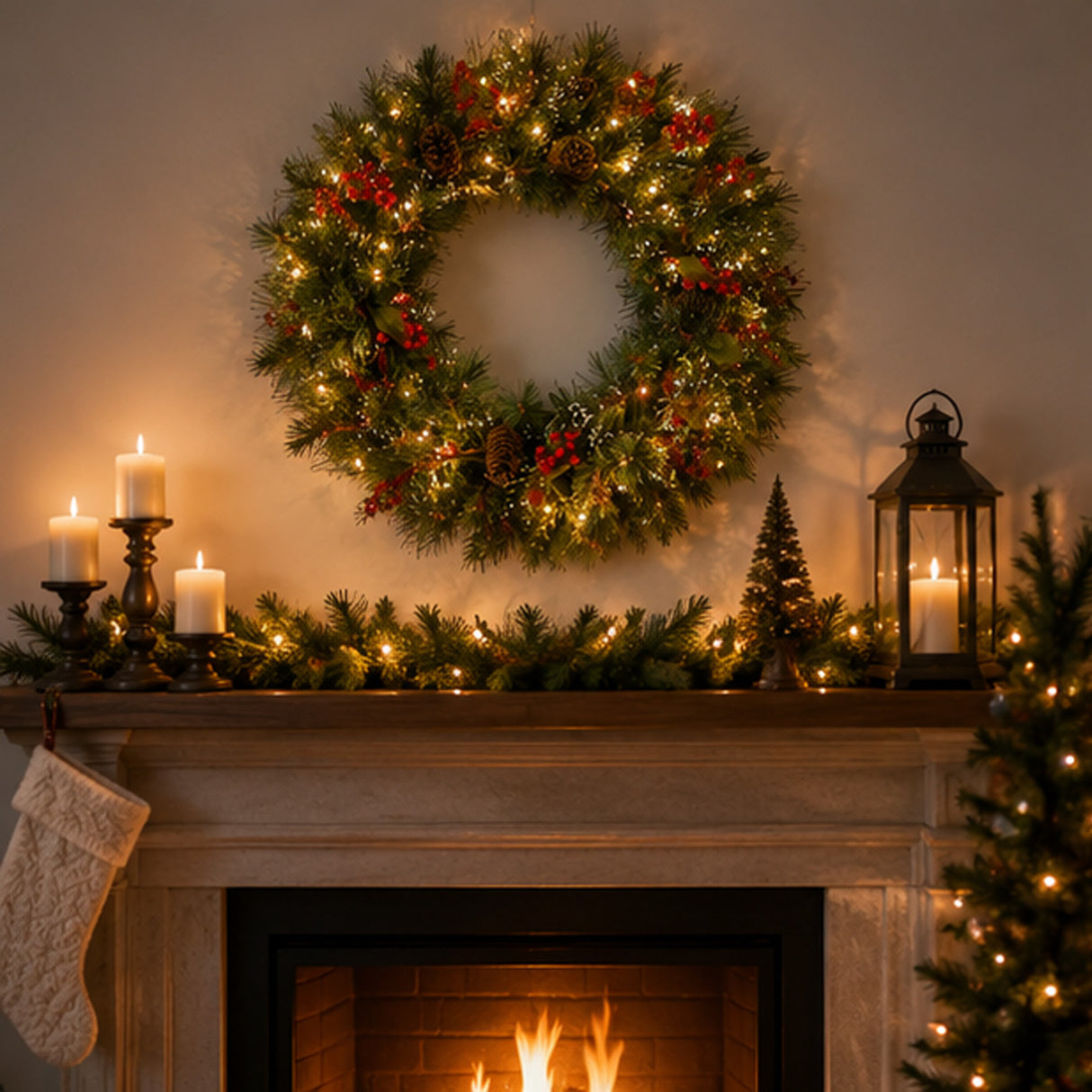 Pre-Lit 24 in. Wintry Pine Christmas Wreath with Warm White LED Lights