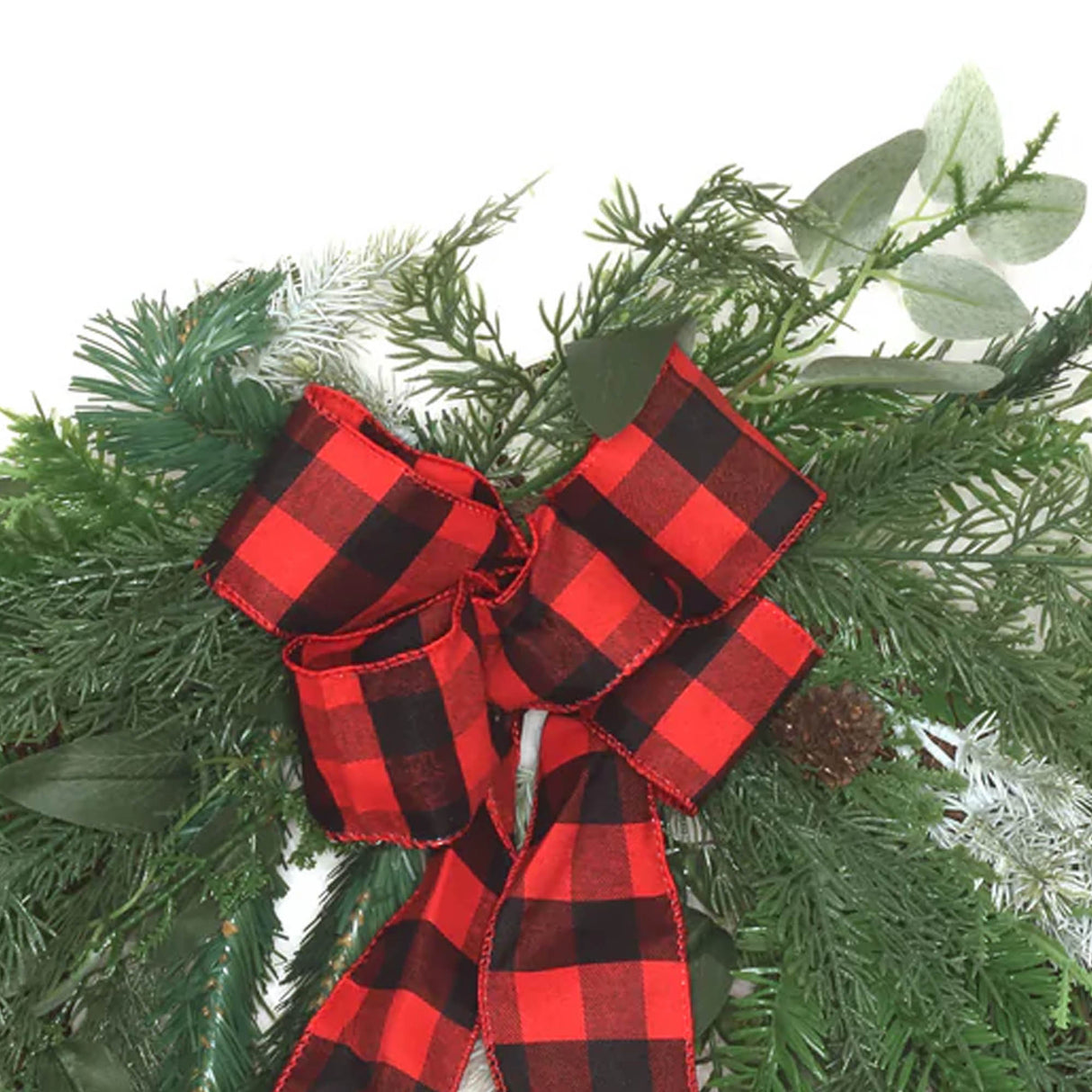 22IN Mixed Pine Wreath with Buffalo Plaid Bow and Pinecones