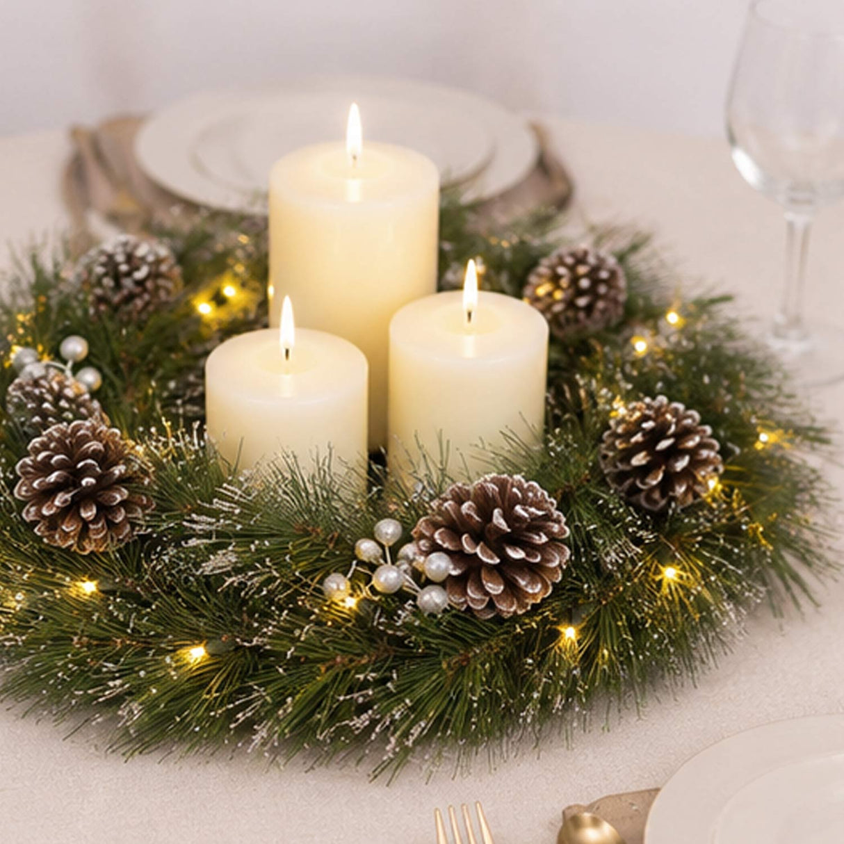 Pre-Lit Whitter Pine Wreath with Warm White LED Lights, 24 Inch