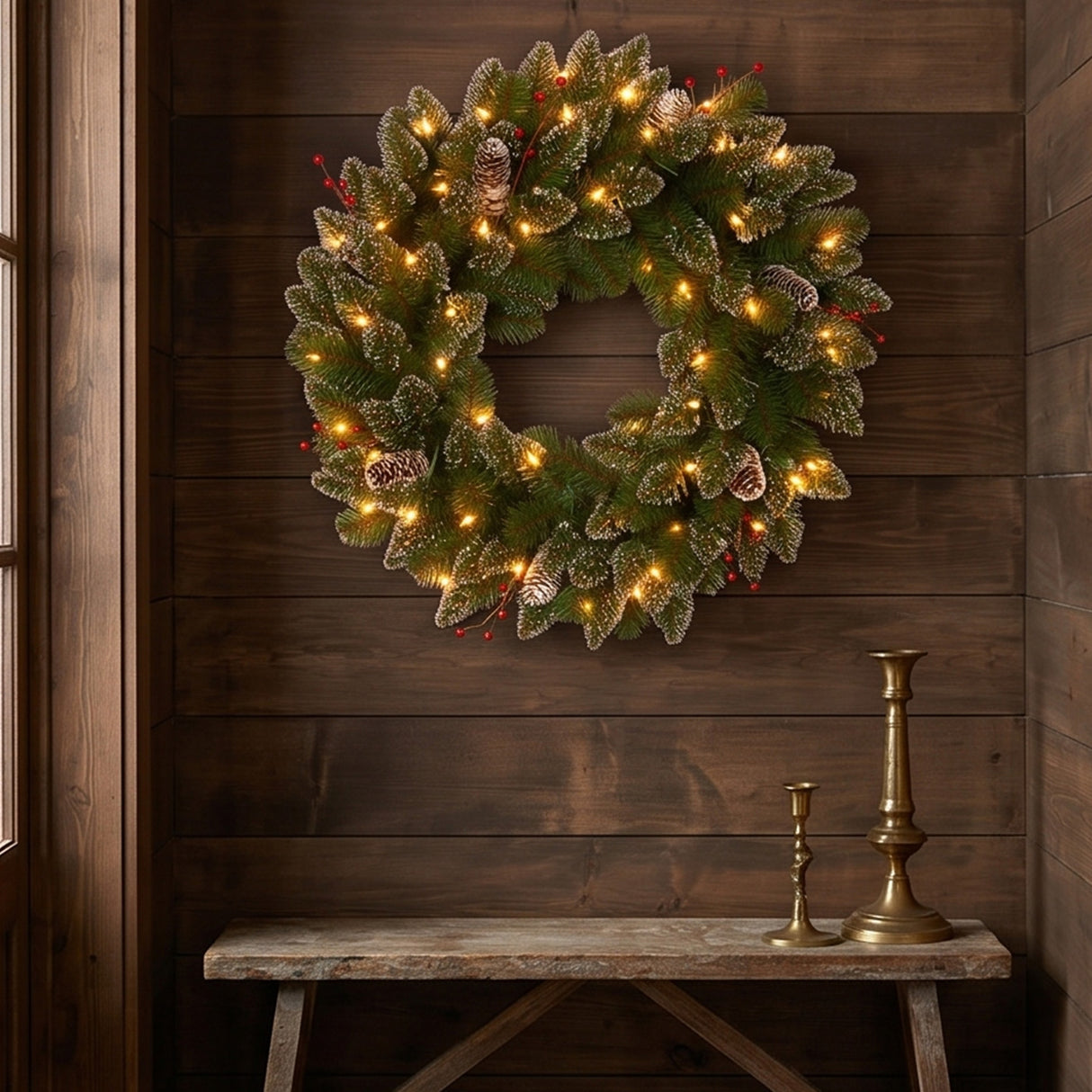 Pre-Lit Glittery Mountain Spruce Wreath with Warm White LED Lights, 24 Inch