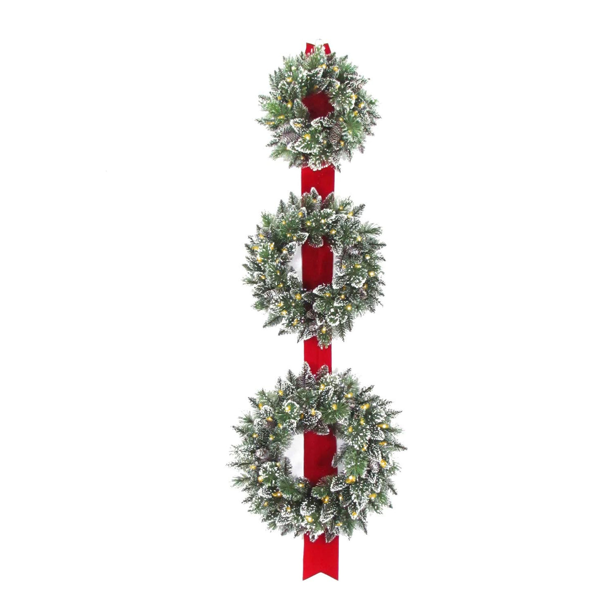 Pre-Lit Glittery Bristle Triple Wreath Door Hanging with Warm White LED Lights