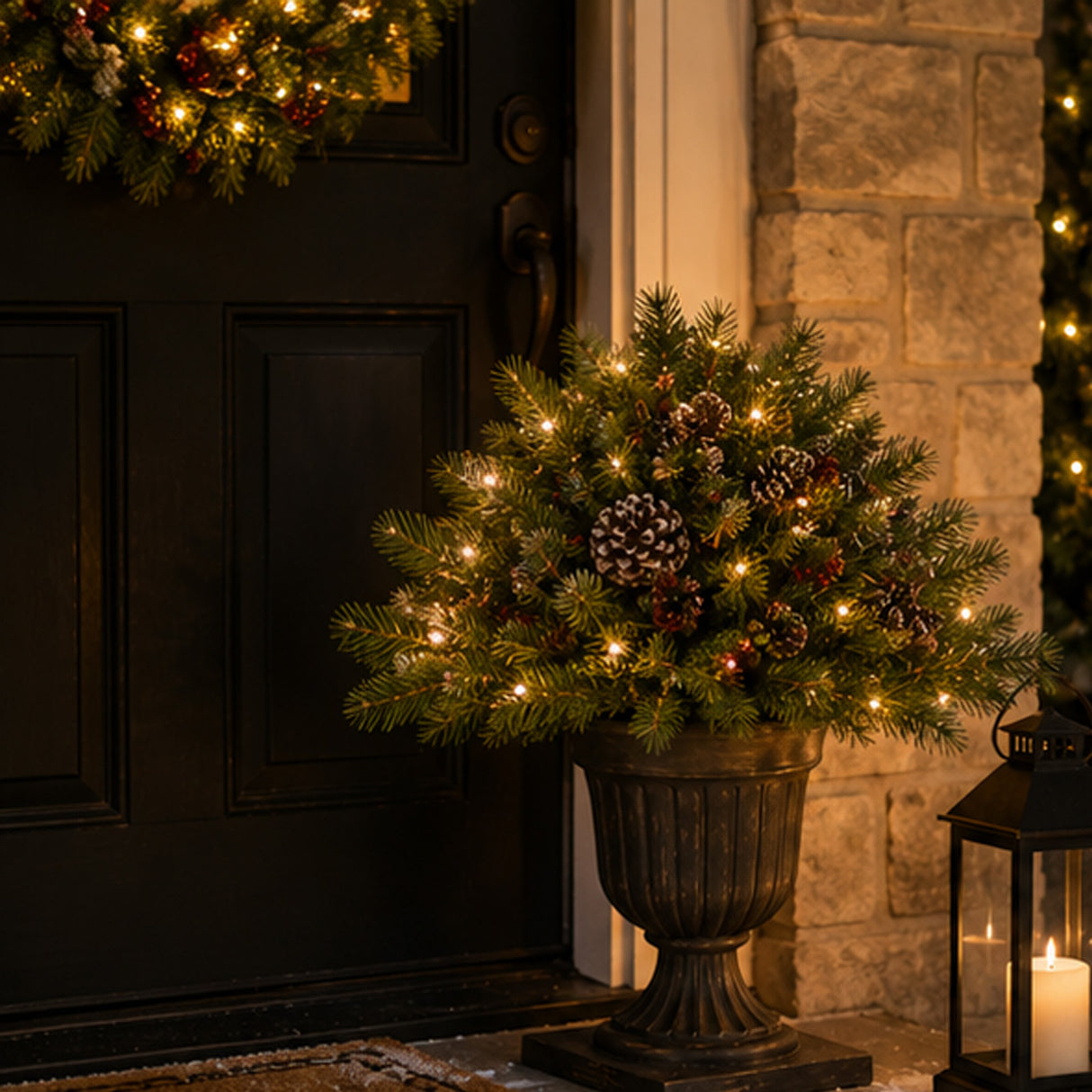 Pre-Lit Frosted Berry Porch Bush with Clear Lights & Urn Base, 24 Inch