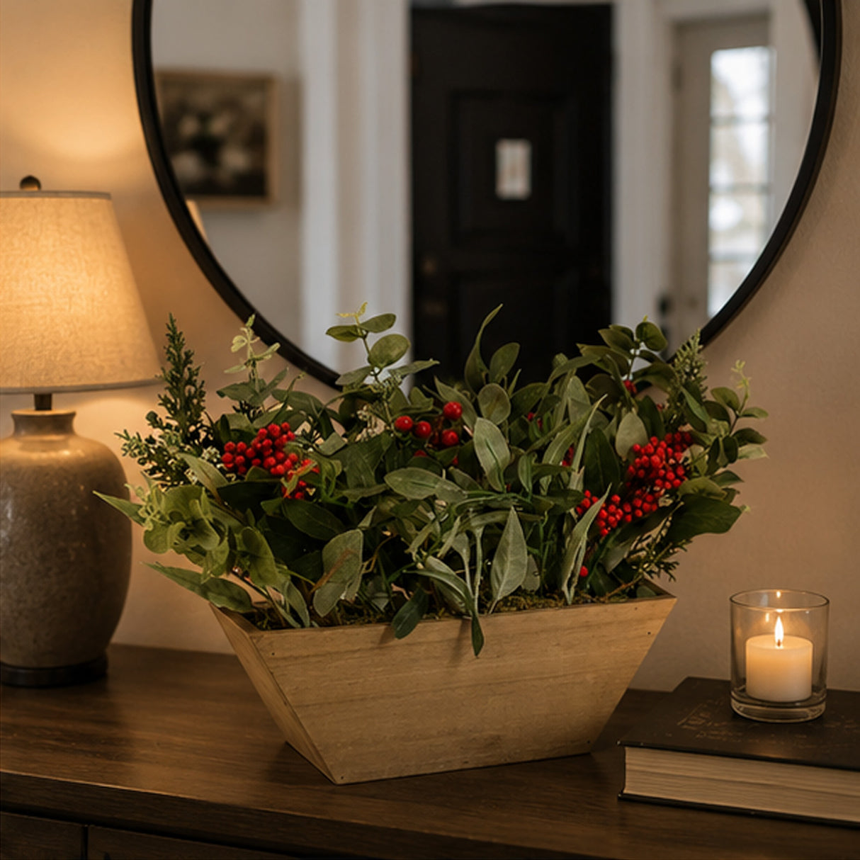 Christmas Eucalyptus & Berry Centerpiece in Wooden Box Table Decor