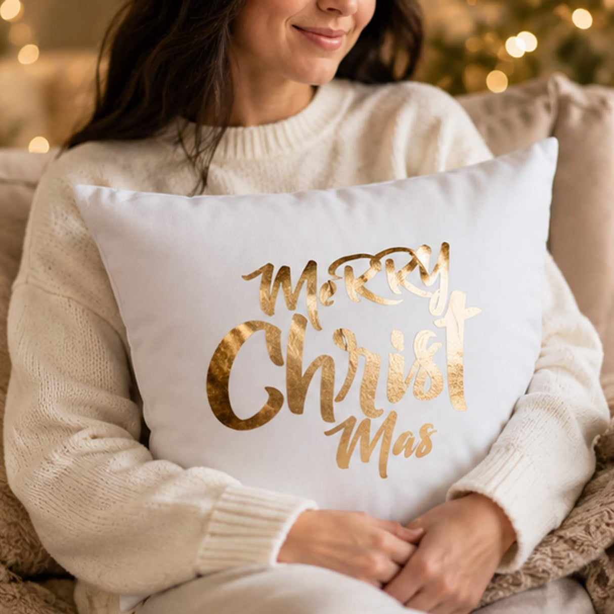 White with Gold Nativity Throw Pillow Set – 2 Pc Holiday Décor