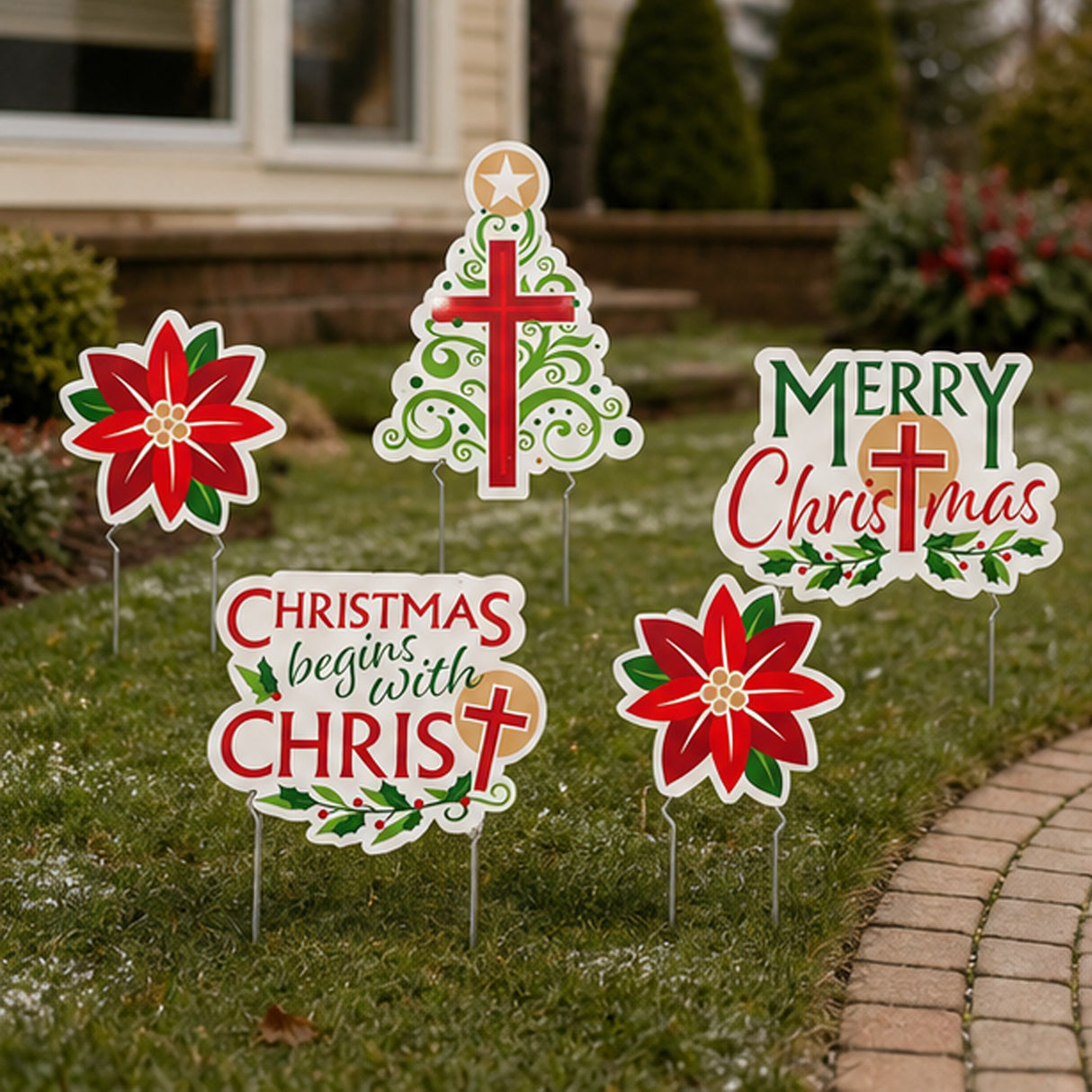 Religious Christmas Yard Sign Set Cross & Poinsettia 5 Pc