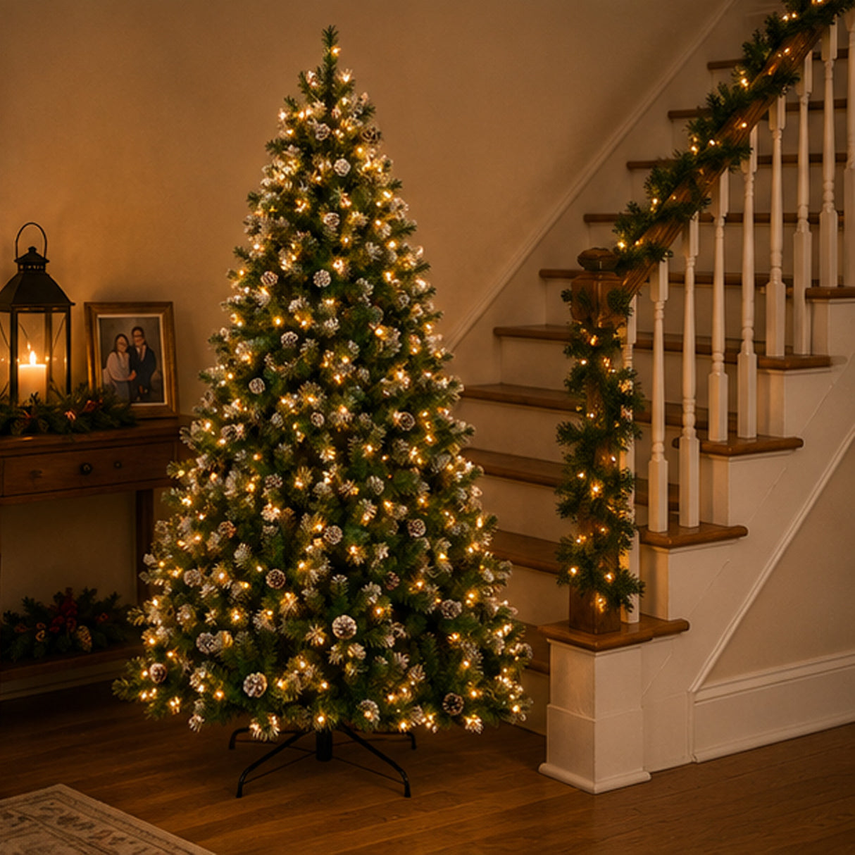 Pre Lit Flocked Christmas Tree with Pinecones Pre Decorated Design