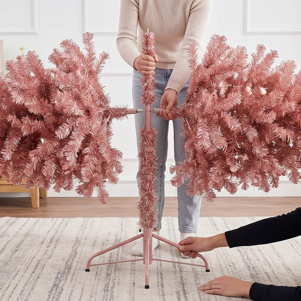 Prelit Pink Artificial Tinsel Christmas Tree with Foldable Stand
